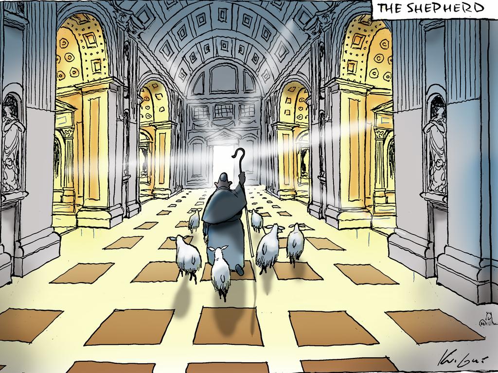 Pope Francis was known as “the shepherd”, a name that inspired Mark Knight’s tribute cartoon following the pontiff’s passing. Picture: Mark Knight