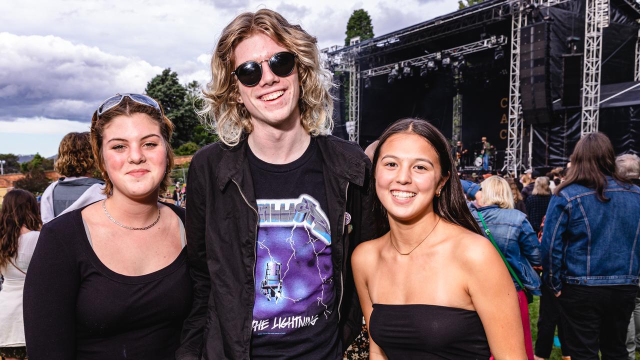 Ruby Ladyman, Feve Oakley and Willow Henry SummerSalt Festival at the Royal Botanical Gardens, Hobart. Picture: Linda Higginson