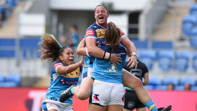 Evania Pelite celebrates after a try against the Broncos. Picture: NRL photos