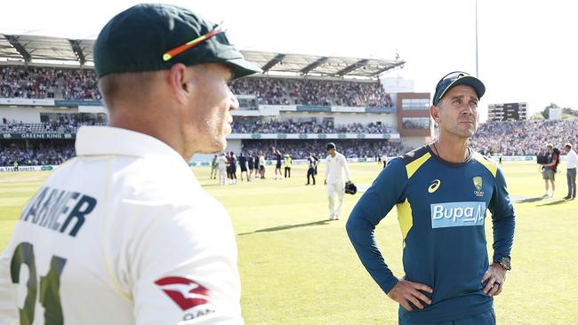 David Warner with Langer. Picture: Getty Images