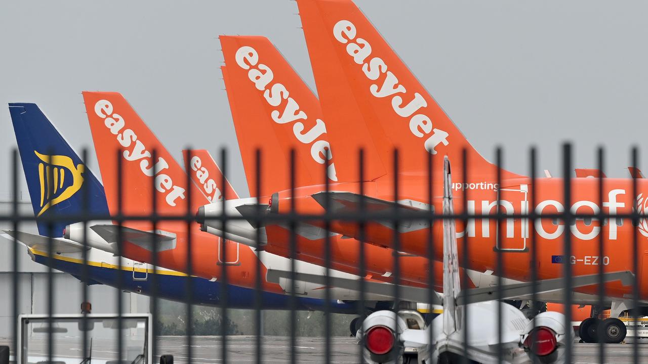 Grounded Ryanair and EasyJet aircraft at London Luton Airport north of London on Thursday. Picture: Justin Tallis/AFP