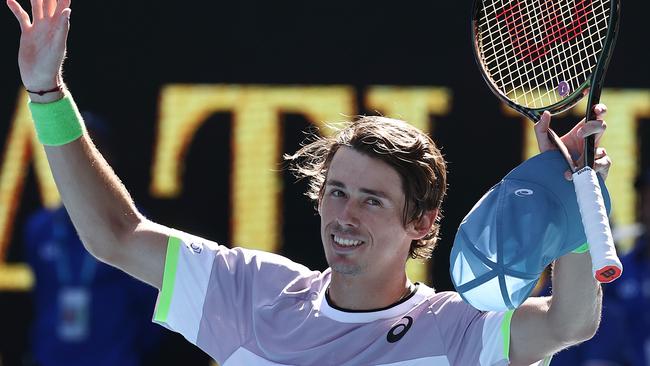 Alex De Minaur after winning in straight sets. Picture: Michael Klein