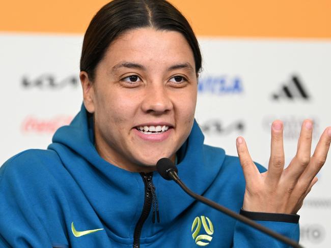 BRISBANE, AUSTRALIA - AUGUST 18: Sam Kerr of Australia speaks during an Australia Matildas press conference during the FIFA Women's World Cup Australia & New Zealand 2023 at Brisbane Stadium on August 18, 2023 in Brisbane, Australia. (Photo by Justin Setterfield/Getty Images)