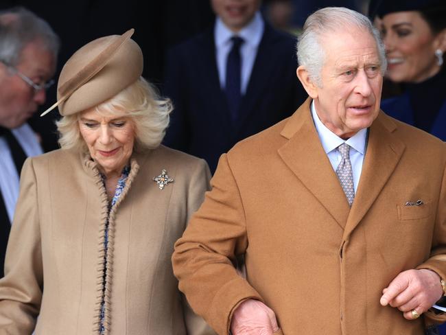 SANDRINGHAM, NORFOLK - DECEMBER 25: King Charles III and Queen Camilla attend the Christmas Morning Service at Sandringham Church on December 25, 2023 in Sandringham, Norfolk. (Photo by Stephen Pond/Getty Images)