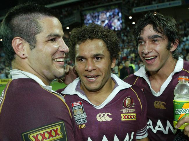 SPORT NEWS BCM 25/5/05 (L-R) Carl Webb, Matt Bowen & Johnathan Thurston, the cowboy connection. State of Origin Suncorp Stadium. Extra Time. PicDavidKapernick