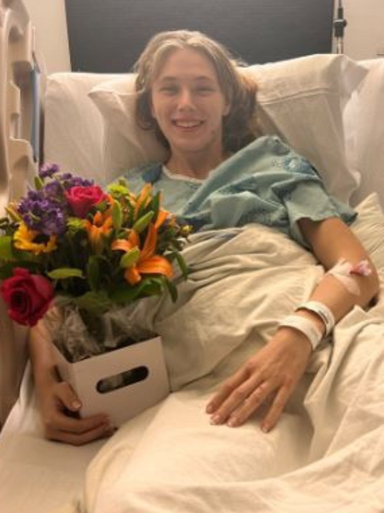 Ms Mibus from her hospital bed in Canada following the car accident.