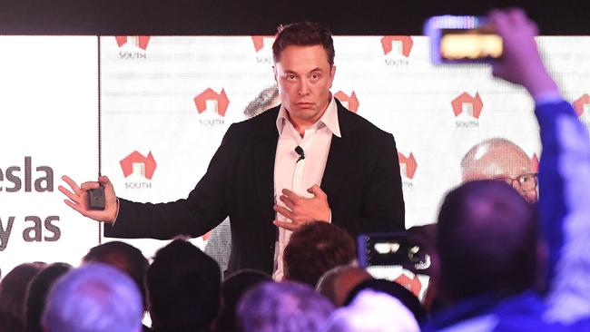 Elon Musk presents during the launch of SA’s during his 2017 presentation at Hornsdale Wind Farm announcing plans for the big battery. Picture: Getty Images