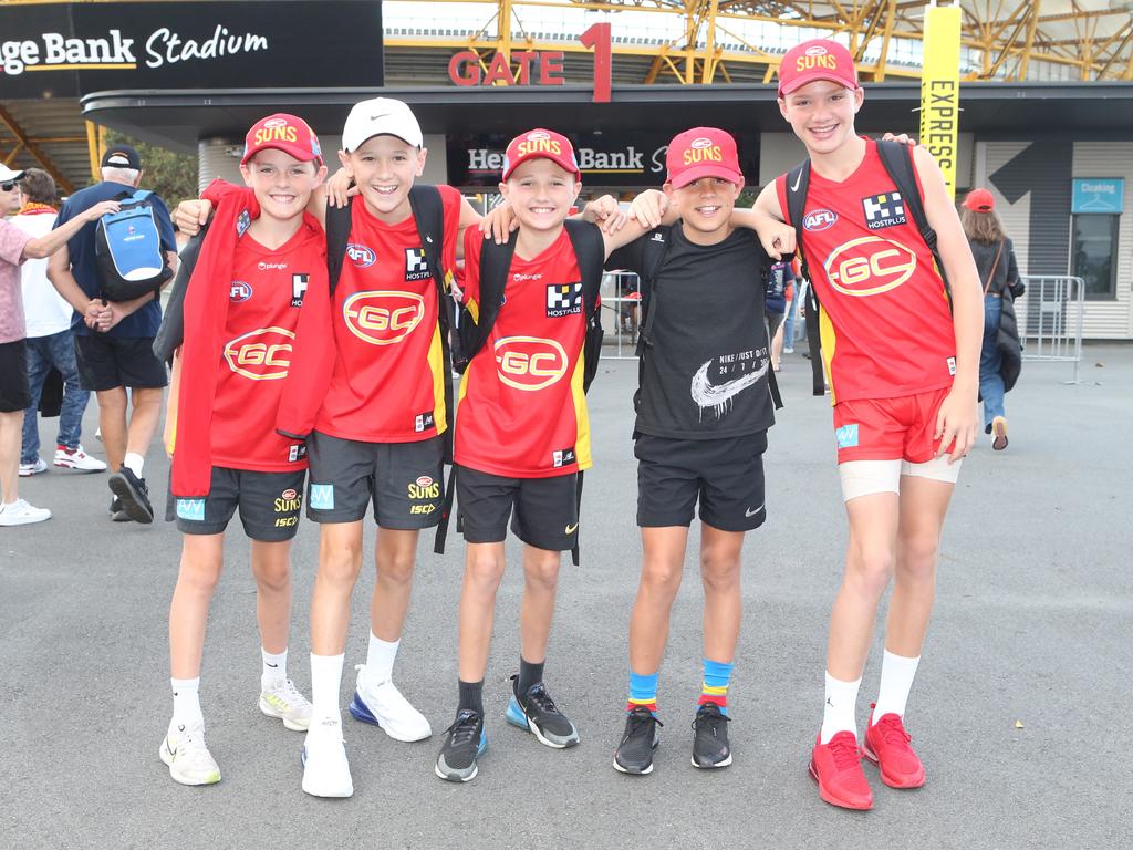 The Gold Coast Suns will host its first AFLW final when they take on the Sydney Swans on Saturday night. Reef Langridge, Flynn Mikulic, Caden Mikulic, Leo Atkinson, Buckley Snare. 11 November 2023 Carrara Picture by Richard Gosling