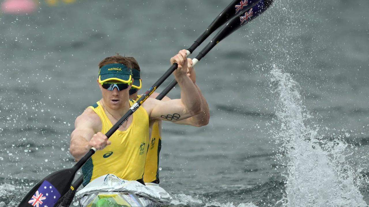 Australia's Jean Van Der Westhuyzen (L) and Australia's Thomas Green compete in the men's kayak double 500m semifinal of the canoe sprint competition at Vaires-sur-Marne Nautical Stadium. Photo: AFP