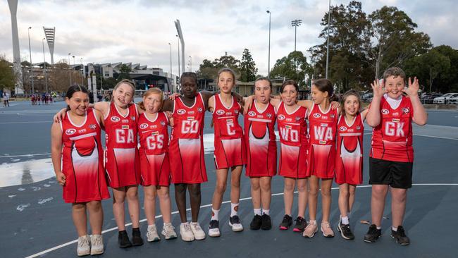 Corio under-11 netball team pull their funniest faces.
