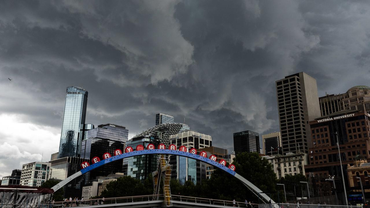 Storm clouds over the CBD as storms hit Melbourne. Picture: Jason Edwards