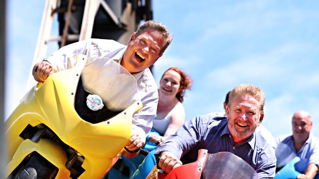 LNP Leader Tim Nicholls rides the Motocoaster at Dreamworld. Pic Annette Dew