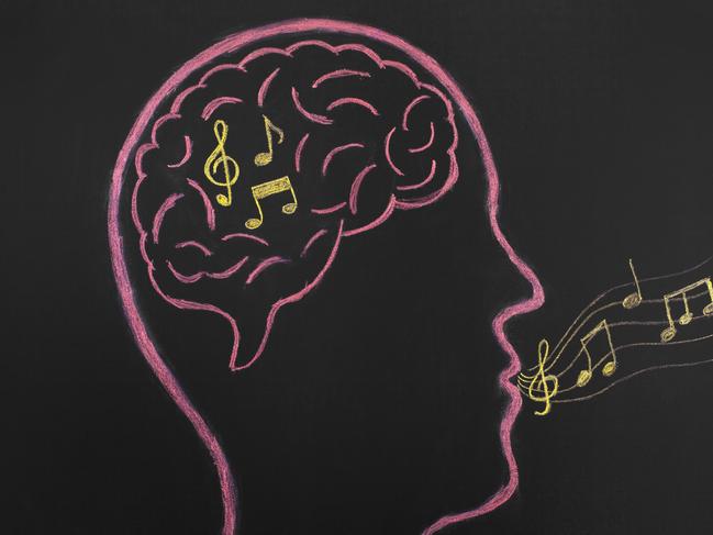 Music notes inside brain sketched on blackboard for Cairns Sun. May 16, 2017