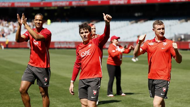 Joel Amartey, Errol Gulden and Chad Warner at the Swans captain’s run at the MCG on Friday. Picture: Phil Hillyard