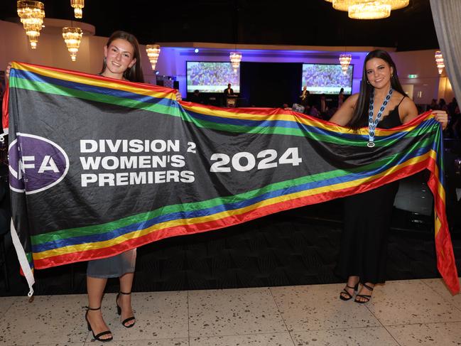 MELBOURNE, AUSTRALIA – OCTOBER 9 2024 Madeline Box and Zoe Rossiter at the VAFA Awards Night at the San Remo Ballroom in Carlton on October 9, 2024 Picture: Brendan Beckett