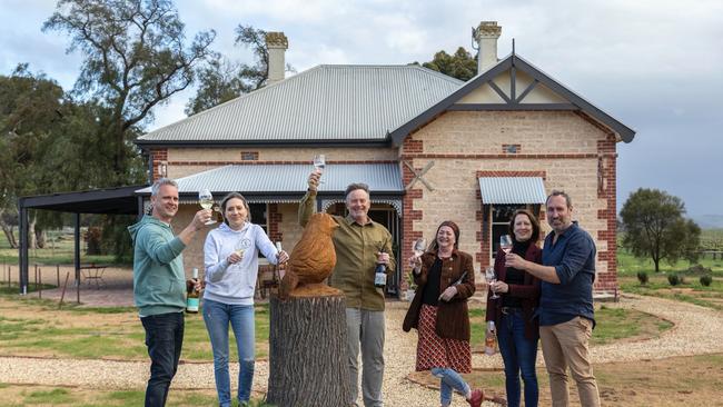 Bondar's Andre Bondar and Selina Kelly, Lino Ramble's Andy Coppard and Angela Townsend, and Sherrah Wines Alex and Liz Sherrah at their new McLaren Vale cellar door. Photo: Ben Macmahon