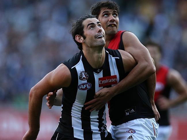 Grundy has impressed against more experienced ruckman like Essendon’s Paddy Ryder. Picture: Wayne Ludbey