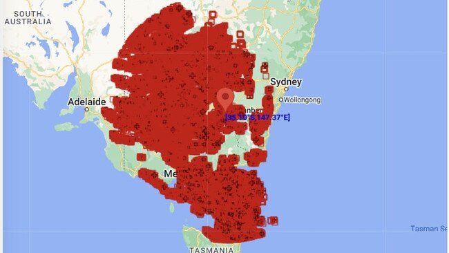 A shocking number of lightening strikes were recorded in NSW, Victoria and Tasmania thanks to the widespread storm. Picture: Weatherzone.