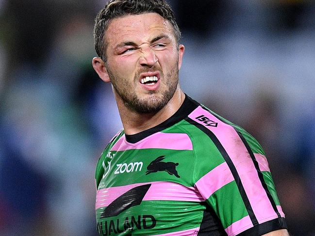 Sam Burgess of the Rabbitohs reacts following his team's loss to the Bulldogs in the Round 22 NRL match between the South Sydney Rabbitohs and the Canterbury Bulldogs at ANZ Stadium in Sydney, Saturday, August 17, 2019. (AAP Image/Dan Himbrechts) NO ARCHIVING, EDITORIAL USE ONLY