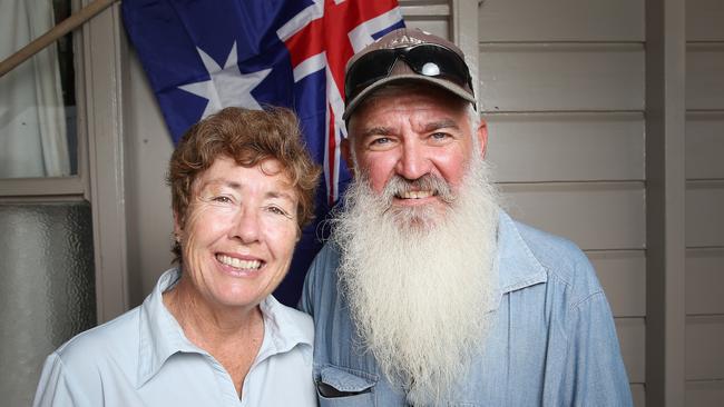 Frank and Deb Wust outside the famous Walkabout Creek Hotel. Picture: Jack Tran / The Courier Mail