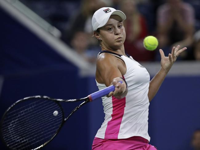 Ashleigh Barty, of Australia, hits a forehand to Lauren Davis, of the United States, during the second round of the U.S. Open tennis tournament Wednesday, Aug. 28, 2019, in New York. (AP Photo/Adam Hunger)