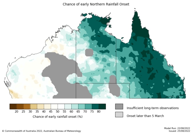 The weather bureau says there is a 75% chance of early rain onset this spring. Picture: BOM.