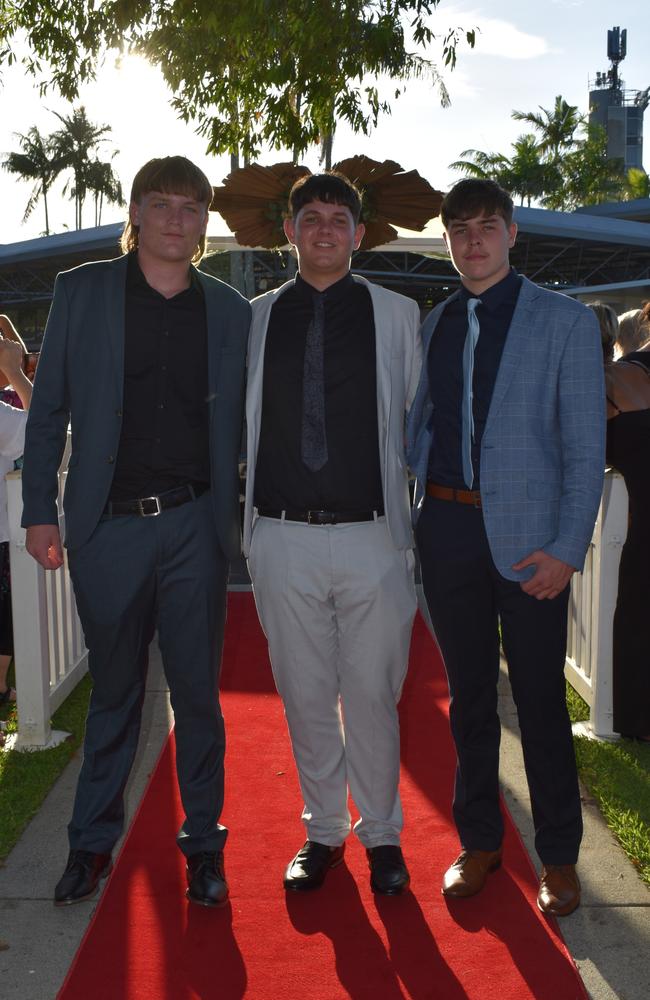 Bodhi Larzin, Jay Baltruschaitis and Issac Grime at the Caloundra State High School formal 2024.