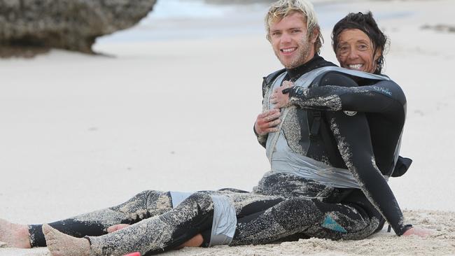 Tyrone Swan — who surfs with friend Pascal Honore duct-taped to his back — was surfing with two friends off Elliston when one of them was attacked by a great white shark. Picture: Calum Robertson