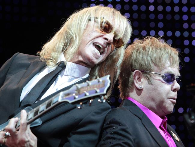 News: Elton John and 2Cellists Luka Sulic and Stjepan Hauser from Croatia perform at Burswood Arena in Perth. Elton John's guitarist is Scotsman Davey Johnstone.