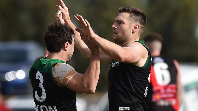 Greenvale stars Addam Maric and Jacob Thompson celebrate a goal. Picture: James Ross