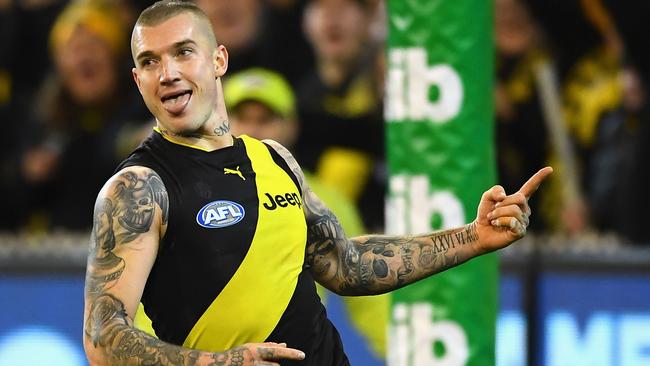 Dustin Martin celebrates a goal during the Tigers’ big win. Picture: Getty