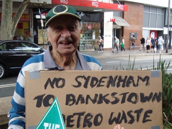 Tom Salisbury, 93, of Lakemba, protests against the Metro plans at a Greens meeting at Campsie in March.