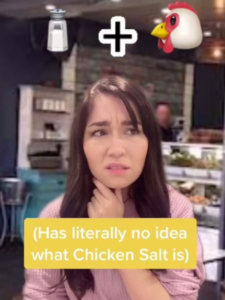 Another culture shock was being asked if she wanted chicken salt. Picture: TikTok/@kayywuerf