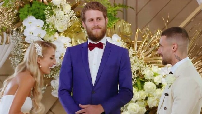 Adam Seeney (middle) was a featured celebrant on MAFS. Picture: Channel 9