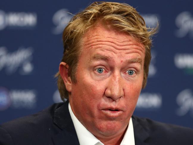 BRISBANE, AUSTRALIA - AUGUST 27: Roosters Head Coach Trent Robinson speaks to media during the round 24 NRL match between the Sydney Roosters and the South Sydney Rabbitohs at Suncorp Stadium, on August 27, 2021, in Brisbane, Australia. (Photo by Chris Hyde/Getty Images)