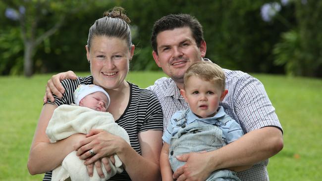 Shayden Wadley with his wife Christine with two-year-old son Kennedy and their new born son Benjamin. Picture: Robert Pozo