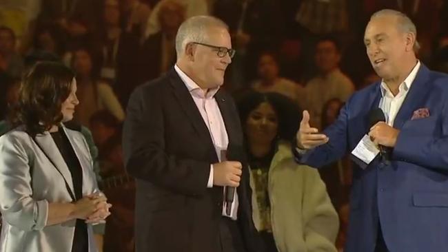 Australian PM Scott Morrison (centre) and his wife Jenny speak with Hillsong founder Brian Houston. Picture: File