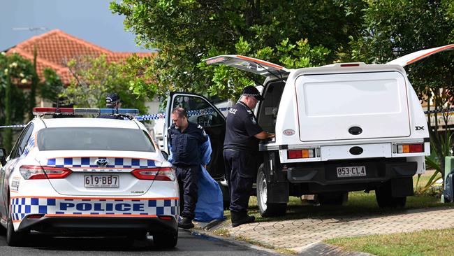 Police at the North Lakes home where Emma Lovell was allegedly stabbed to death during a home invasion. Picture: Lyndon Mechielsen