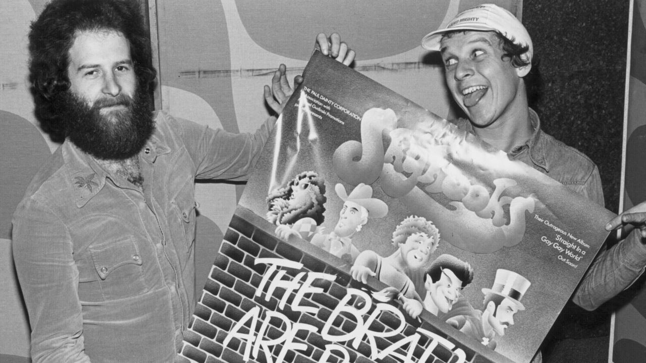 Skyhooks manager Michael Gudinski with lead singer Shirley Strachan in 1976. Pic: Supplied