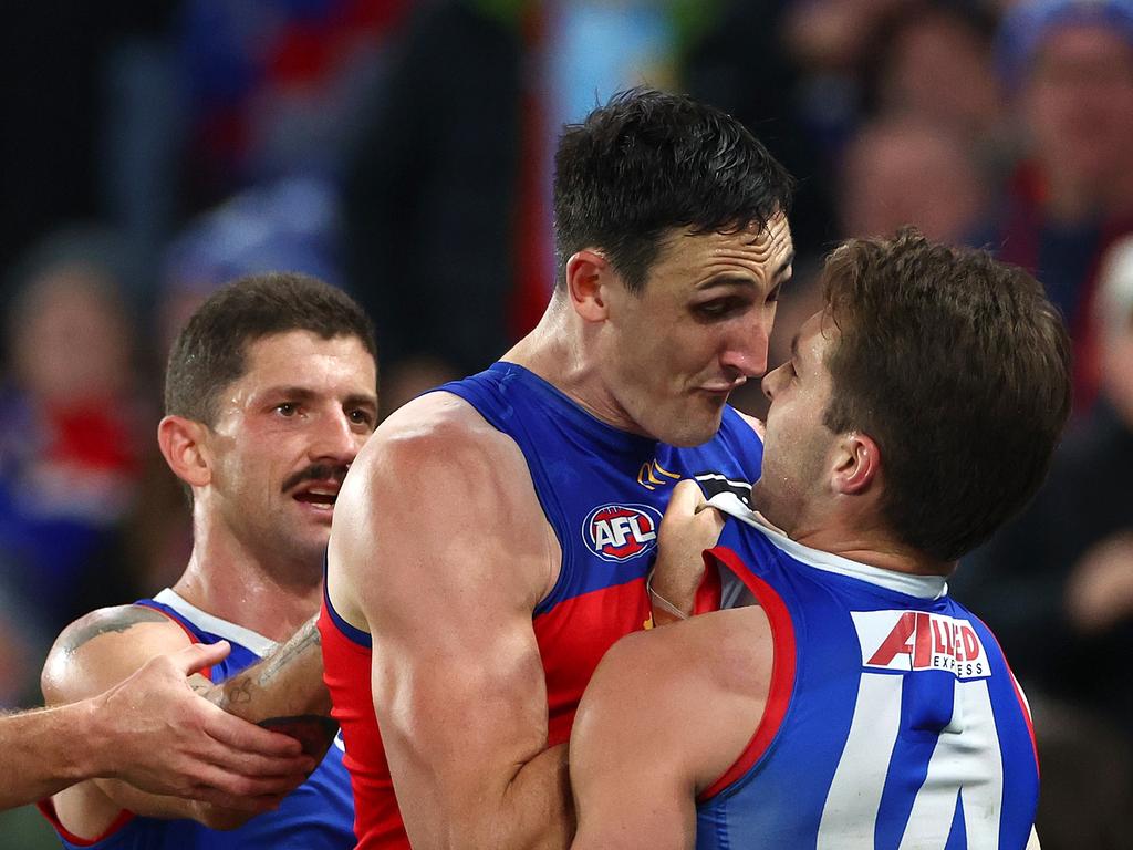 Oscar McInerney gets up close and personal with Rhylee West. Picture: Quinn Rooney/Getty Images