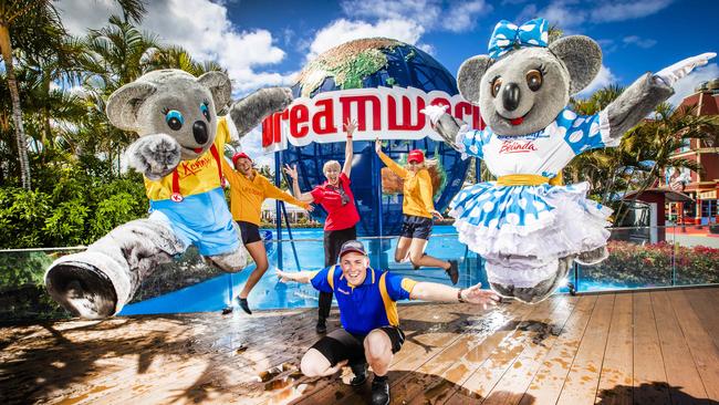 Kenny Koala &amp; Belinda Brown with ride attendant Jonathon Meredith, Taylor Sutherland, Kym Ford and Tayla Raines can’t wait for Dreamworld’s reopening. Picture: Nigel Hallett.