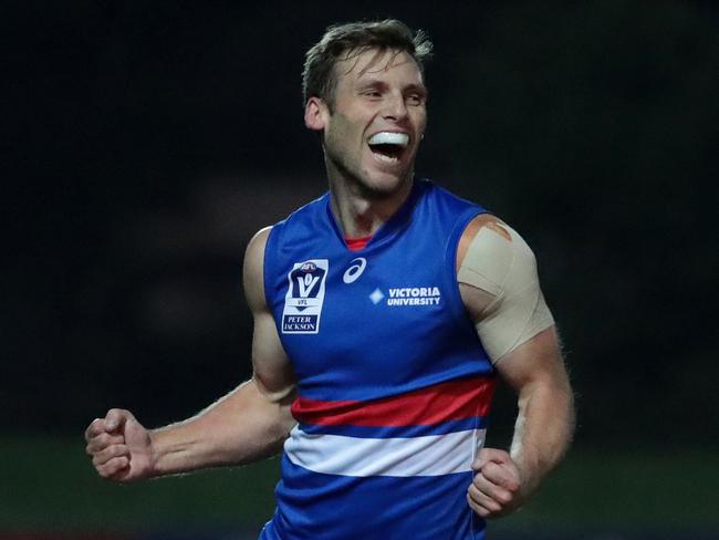 Josh Prudden of Footscray celebrates a goal during the VFL football match between Footscray and Essendong played at Whitten Oval on Saturday 2nd June, 2018.