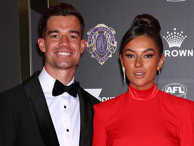 MELBOURNE, AUSTRALIA - SEPTEMBER 25: Jy Simpkin and Demi Brereton arrive ahead of the 2023 Brownlow Medal at Crown Palladium on September 25, 2023 in Melbourne, Australia. (Photo by Graham Denholm/Getty Images)
