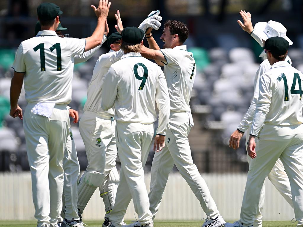 Jordan Buckingham celebrates a wicket with his Australia A teammates. Picture: Albert Perez/Getty Images