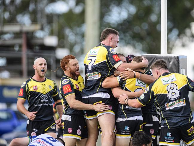 Gatton celebrate a try against Brothers in TRL A-grade Round 6 rugby league at Glenholme Park, Sunday, May 18, 2025. Picture: Kevin Farmer