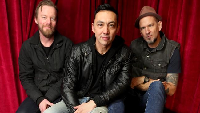 Regurgitator’s Peter Kostic, Quan Yeomans and  Ben Ely in the studio in Melbourne. Picture : David Geraghty