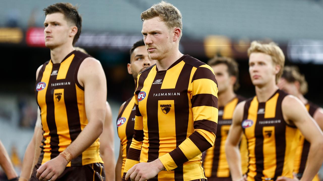 MELBOURNE, AUSTRALIA - MARCH 23: James Sicily of the Hawks looks dejected after a loss during the 2024 AFL Round 02 match between the Hawthorn Hawks and the Melbourne Demons at the Melbourne Cricket Ground on March 23, 2024 in Melbourne, Australia. (Photo by Michael Willson/AFL Photos via Getty Images)