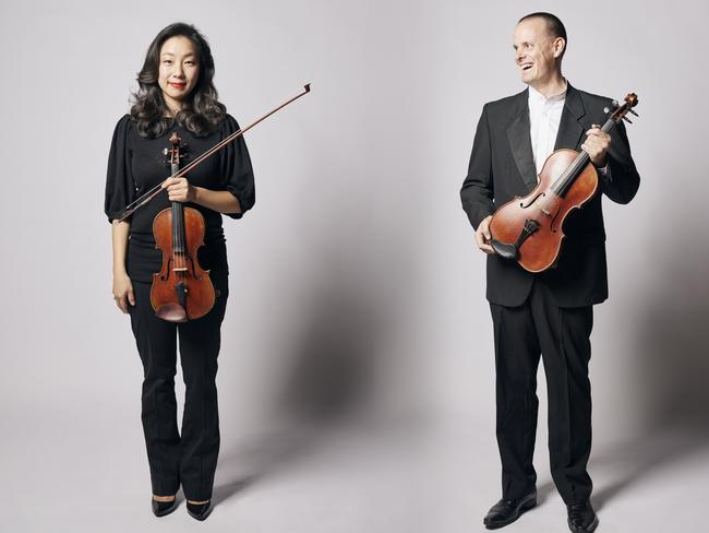 Tasmanian Symphony Orchestra violinist and associate concertmaster Ji Won Kim with husband Caleb Wright, who is the orchestra’s principal violist. Picture: Remi Chauvin