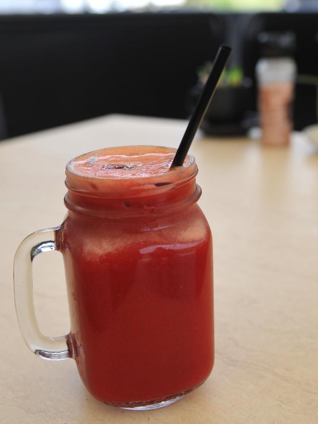 Detox juice with carrot, beetroot, celery, ginger and apple ($8).