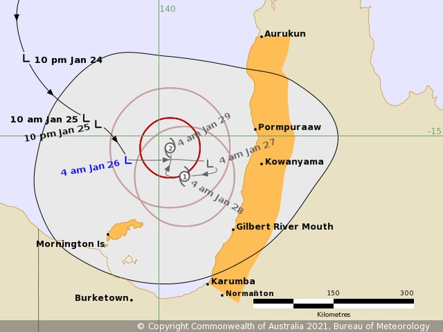 The forecast map for the tropical low forming in far north Queensland, which is expected to reach tropical cyclone strength by Thursday.